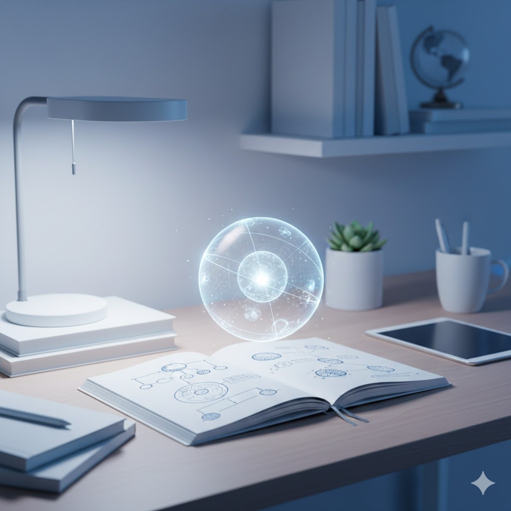 Science notes and diagram-like spheres on a desk